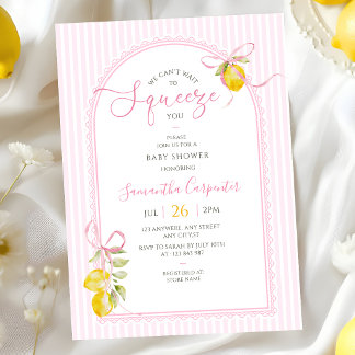 Lemon pink bow coquette stripes baby girl shower Invitation