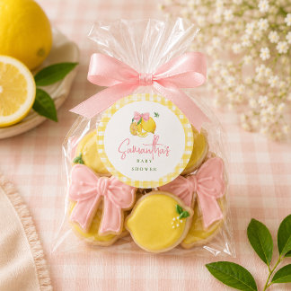 Lemon pink bow gingham classic round sticker