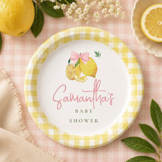 Lemon pink bow gingham paper plates