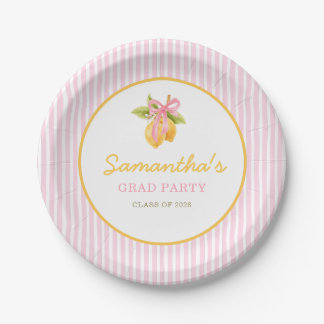 Lemon pink bow graduation party paper plates