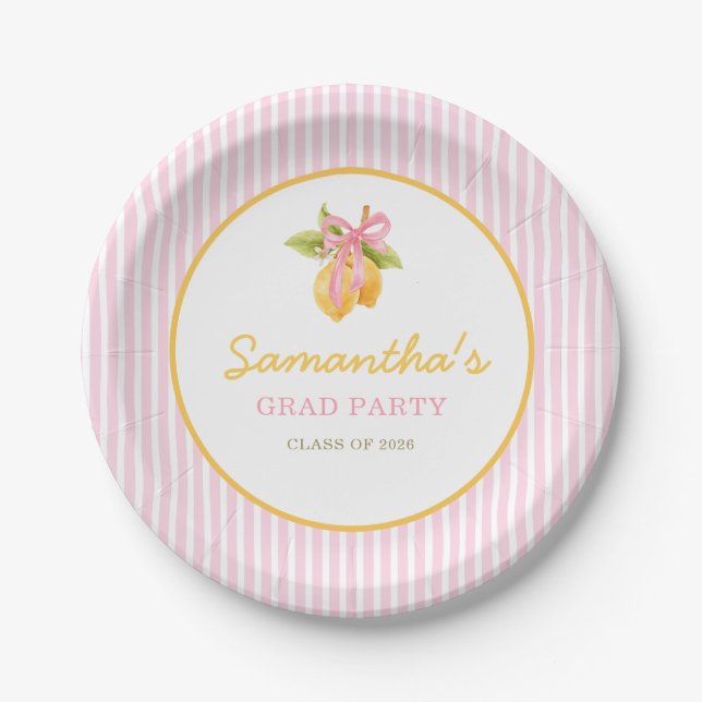 Lemon pink bow graduation party  paper plates (Front)