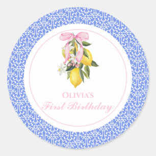 Lemon Pink Bow preppy 1st birthday Classic Round Sticker