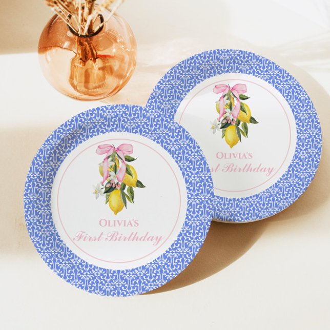 Lemon Pink Bow preppy 1st birthday Paper Plates (Creator Uploaded)