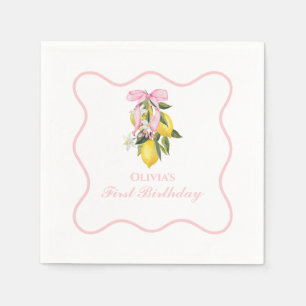 Lemon Pink Bow preppy Coquette 1st birthday Napkins