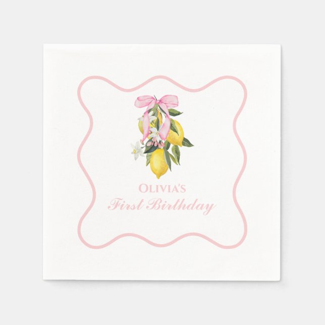 Lemon Pink Bow preppy Coquette  1st birthday Napkins (Front)