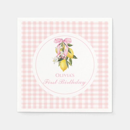 Lemon Pink Bow preppy Coquette  1st birthday Napkins