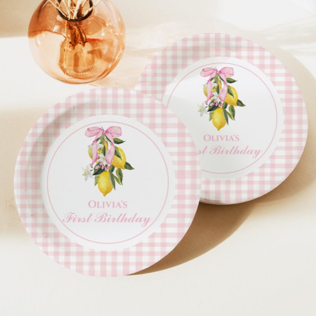 Lemon Pink Bow preppy Coquette 1st birthday Paper Plates (Creator Uploaded)