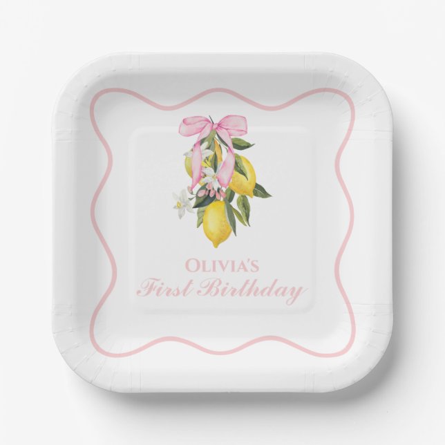 Lemon Pink Bow preppy Coquette  1st birthday Paper Plates (Front)