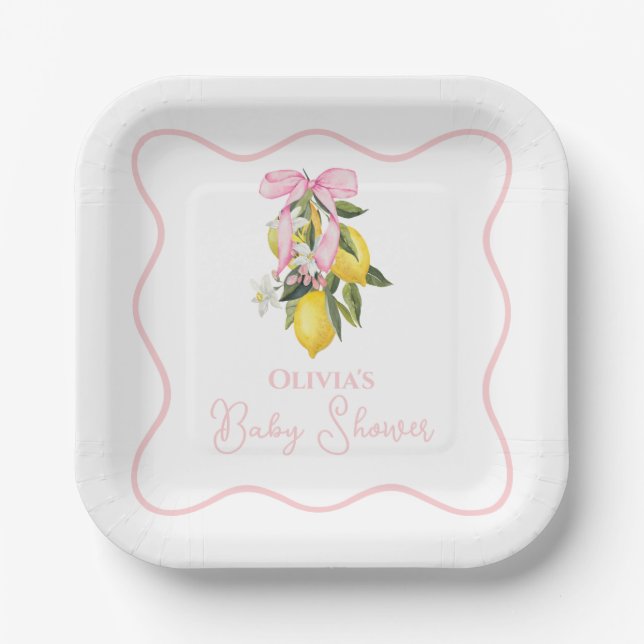 Lemon Pink Bow preppy Coquette Baby Shower Paper Plates (Front)