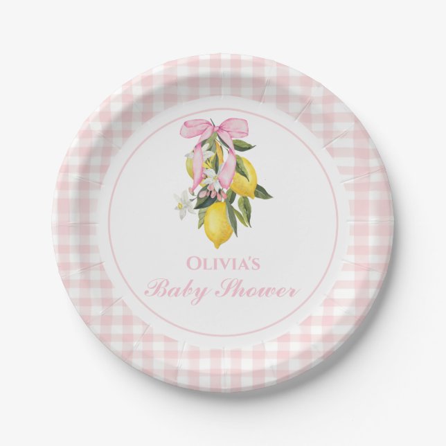 Lemon Pink Bow preppy Coquette baby shower Paper Plates (Front)