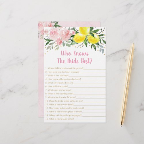 Lemon Pink Floral Who Knows The Bride Best Game