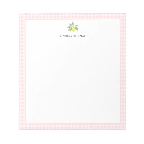 Lemon Pink Gingham Border Personalized Notepad