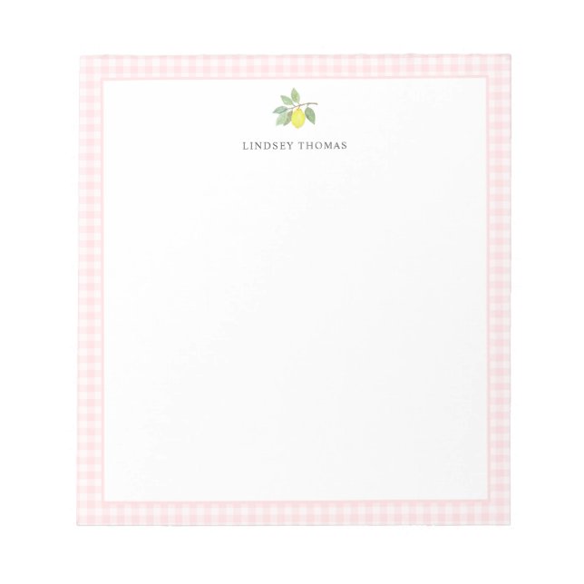 Lemon Pink Gingham Border Personalized Notepad (Front)