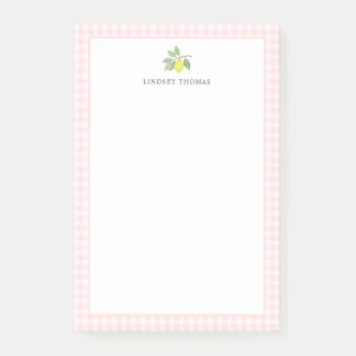Lemon Pink Gingham Border Personalized Post-it Notes