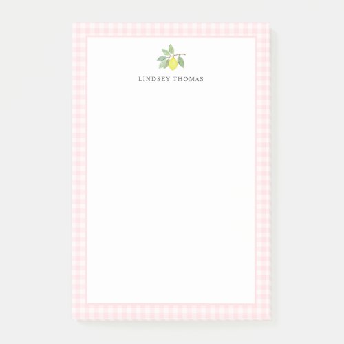 Lemon Pink Gingham Border Personalized Post-it Notes