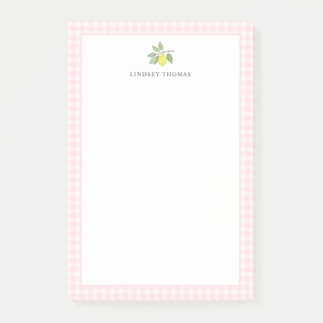 Lemon Pink Gingham Border Personalized Post-it Notes (Front)