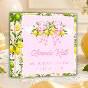 Lemon & Pink Gingham Bow Baby Girl Photo Album 3 Ring Binder