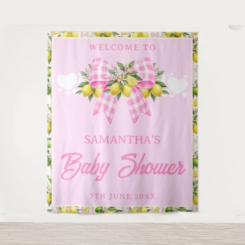 Lemon & Pink Gingham Bow Baby Shower Backdrop