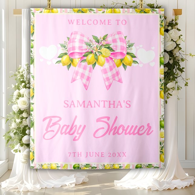 Lemon & Pink Gingham Bow Baby Shower Backdrop (Creator Uploaded)