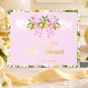Lemon & Pink Gingham Bow Baby Shower Gold Foil Guest Book