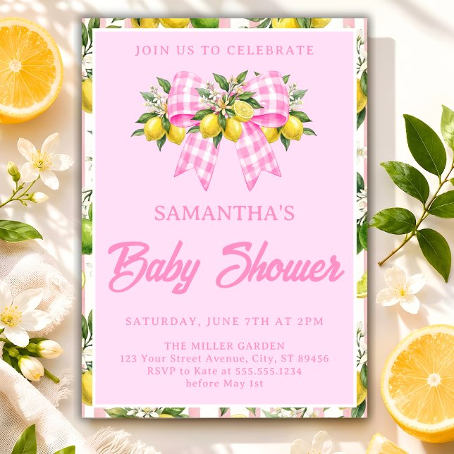 Lemon & Pink Gingham Bow Baby Shower Invitation (Creator Uploaded)