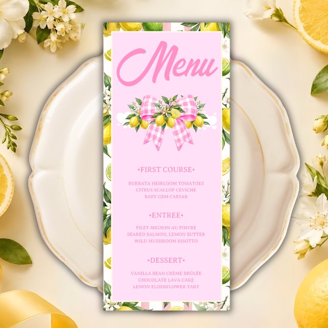 Lemon & Pink Gingham Bow Baby Shower Menu Card (Creator Uploaded)