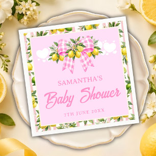 Lemon & Pink Gingham Bow Baby Shower Napkins