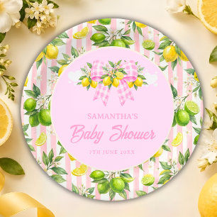 Lemon & Pink Gingham Bow Baby Shower Paper Plates