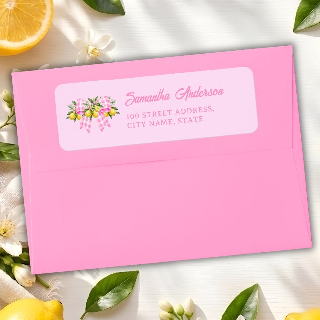 Lemon Pink Gingham Bow Baby Shower Return Address Label (Creator Uploaded)