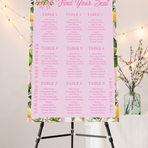Lemon & Pink Gingham Bow Baby Shower Seating Chart Foam Board