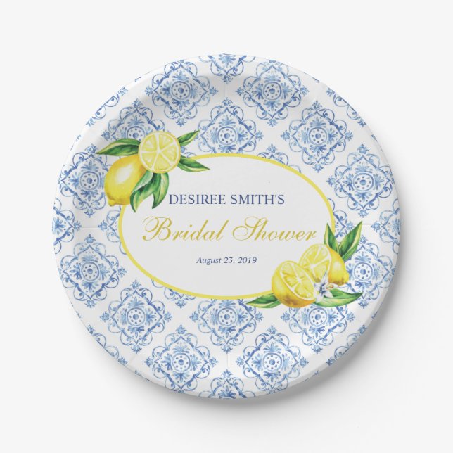 Lemon Plates, Blue Tile Italian Paper Plates (Front)