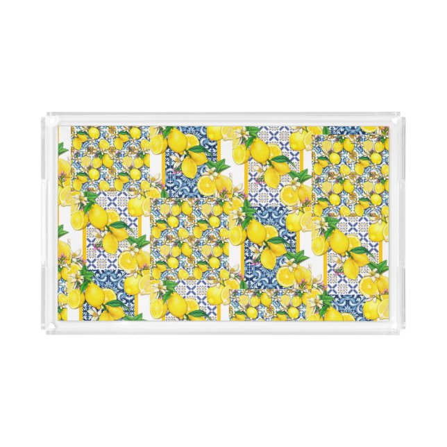 Lemon Portuguese Azulejo Mediterranean Santorini   Acrylic Tray (Front)
