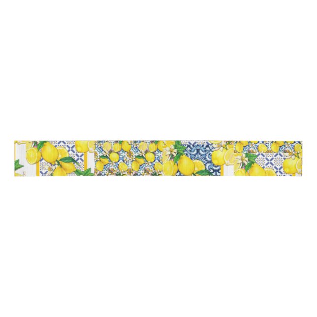Lemon Portuguese Azulejo Mediterranean Santorini  Grosgrain Ribbon (Front)