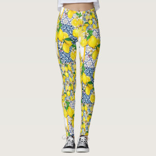 Lemon Portuguese Azulejo Mediterranean Santorini Leggings