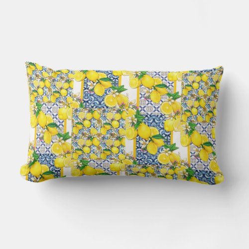 Lemon Portuguese Azulejo Mediterranean Santorini   Lumbar Pillow