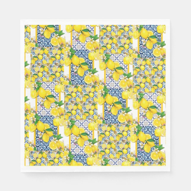 Lemon Portuguese Azulejo Mediterranean Santorini   Napkins (Front)