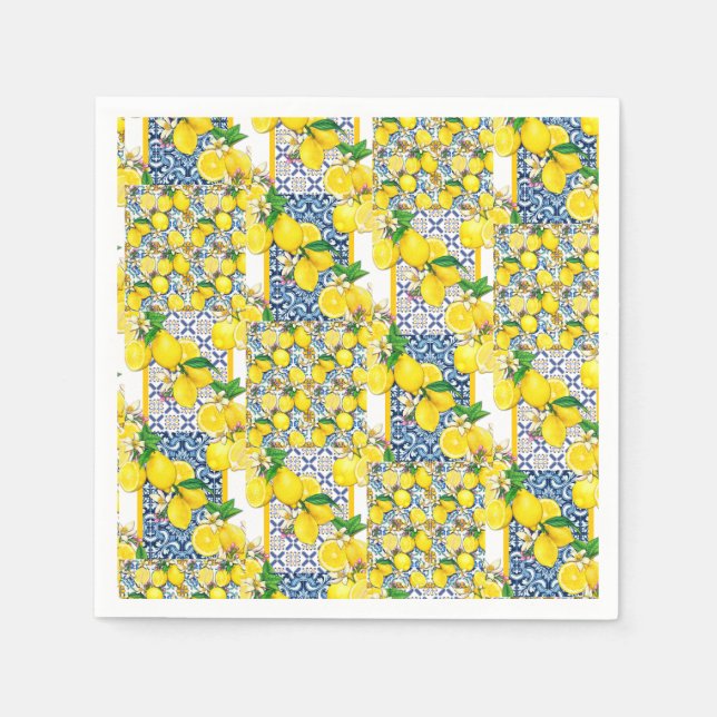Lemon Portuguese Azulejo Mediterranean Santorini  Napkins (Front)