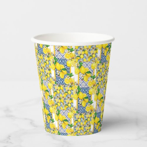 Lemon Portuguese Azulejo Mediterranean Santorini  Paper Cups