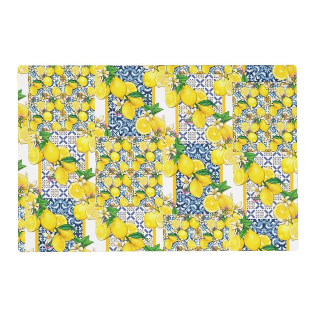 Lemon Portuguese Azulejo Mediterranean Santorini  Placemat (Front)