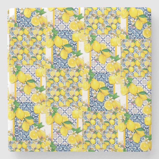 Lemon Portuguese Azulejo Mediterranean Santorini   Stone Coaster (Front)