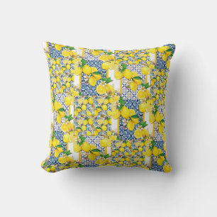 Lemon Portuguese Azulejo Mediterranean Santorini Throw Pillow