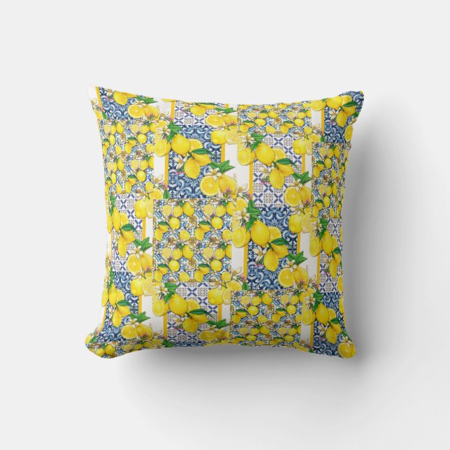 Lemon Portuguese Azulejo Mediterranean Santorini  Throw Pillow (Front)