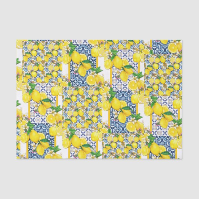 Lemon Portuguese Azulejo Mediterranean Santorini Tissue Paper (Front)
