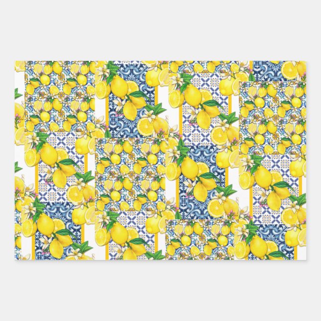 Lemon Portuguese Azulejo Mediterranean Santorini   Wrapping Paper Sheets (Front)