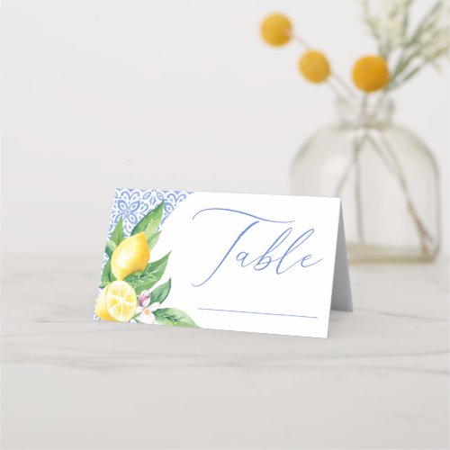 Lemon Positano Blue Tile Bridal Shower Table Place Card