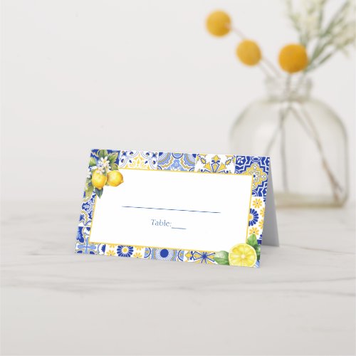 Lemon Positano Blue Tiles Mediterranean Wedding  Place Card