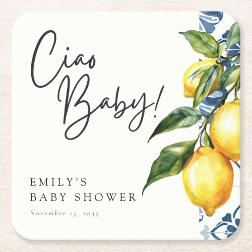 Lemon Positano Italian Baby Shower Square Paper Coaster