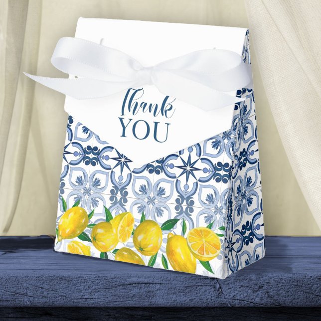Lemon Positano Italian Blue Tile  Favor Box (An elegant Mediterranean lemon gift box, great for filling with a treat to thank your guests.)