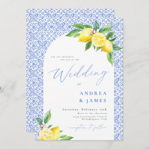 Lemon Positano Italian Blue Tile Wedding Invitation