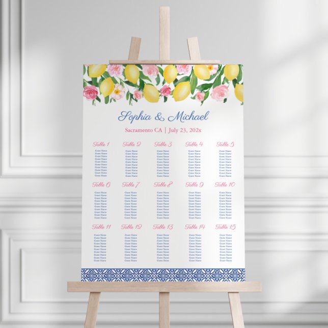 Lemon Positano Pink 15 Tables Wedding Seating Plan Foam Board (15 Tables Wedding Seating Chart: Capri Lemons With Pink Flowers and Blue White Vintage Italian tiles)